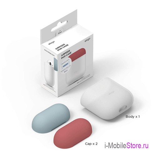 Чехол Elago Silicone DUO для AirPods 1/2, прозрачный с крышками Rose и Coral Blue