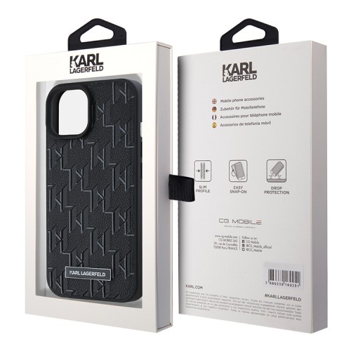 Karl Lagerfeld для iPhone 15 чехол PU Monogram & Metal Camera frame Hard Black (MagSafe)