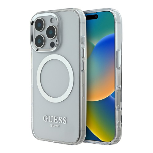 Guess для iPhone 16 Pro Max чехол PC/TPU Metal outline Transparent/Silver (MagSafe)