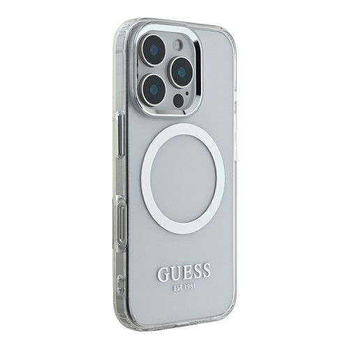 Guess для iPhone 16 Pro Max чехол PC/TPU Metal outline Transparent/Silver (MagSafe)
