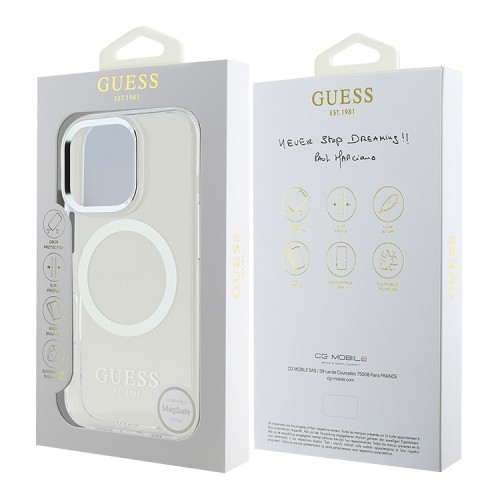 Guess для iPhone 16 Pro Max чехол PC/TPU Metal outline Transparent/Silver (MagSafe)
