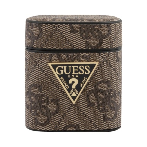 Чехол Guess 4G PU leather case with metal logo для Airpods 1/2, коричневый