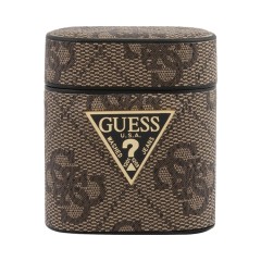 Чехол Guess 4G PU leather case with metal logo для Airpods 1/2, коричневый