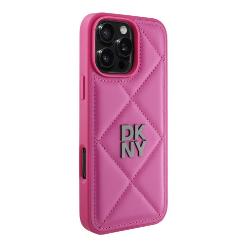 DKNY для iPhone 16 Pro Max чехол PU Quilted Stack metal logo Hard Pink