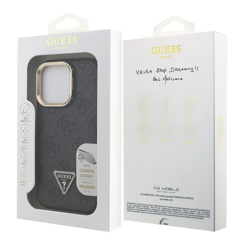 Guess для iPhone 16 Pro Max чехол PU 4G Triangle metal logo and Camera Stand Hard Black (MagSafe)