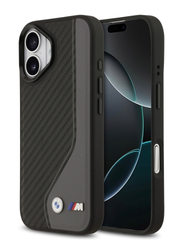 BMW для iPhone 17 чехол M-series PU Carbon/Smooth Metal logo Hard Black/Grey (MagSafe)