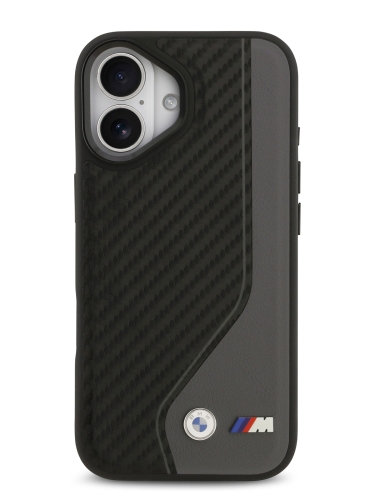 BMW для iPhone 17 чехол M-series PU Carbon/Smooth Metal logo Hard Black/Grey (MagSafe)