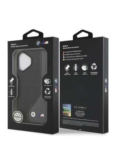 BMW для iPhone 17 чехол M-series PU Carbon/Smooth Metal logo Hard Black/Grey (MagSafe)