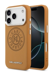 Karl Lagerfeld для iPhone 17 Pro чехол PU Perforated Round logo Metal camera Hard Brown (MagSafe)