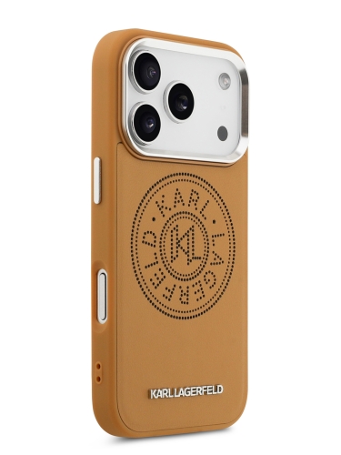 Karl Lagerfeld для iPhone 17 Pro чехол PU Perforated Round logo Metal camera Hard Brown (MagSafe)