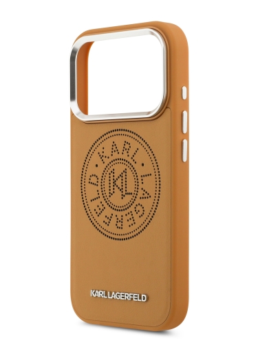 Karl Lagerfeld для iPhone 17 Pro чехол PU Perforated Round logo Metal camera Hard Brown (MagSafe)