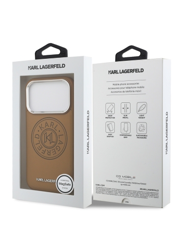 Karl Lagerfeld для iPhone 17 Pro чехол PU Perforated Round logo Metal camera Hard Brown (MagSafe)