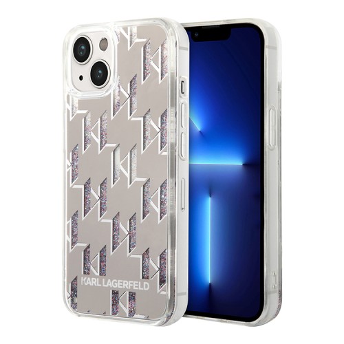 Чехол Lagerfeld Liquid glitter Monogram Hard для iPhone 14, серебристый
