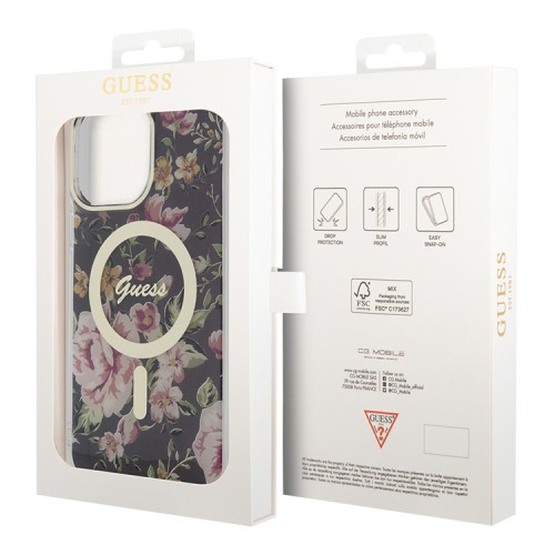 Чехол Guess Flower Hard для iPhone 14 Pro Max, черный/золотой (MagSafe)