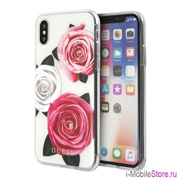 Чехол Guess Flower desire Transparent Hard для iPhone X/XS, Tricolor Roses (белый фон)