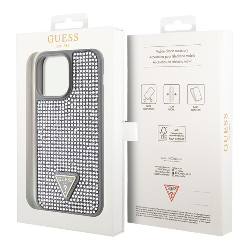 Guess для iPhone 15 Pro Max чехол Diamond Rhinestone Triangle metal logo Hard Silver