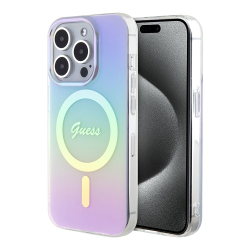 Guess для iPhone 15 Pro чехол PC/TPU Script printed logo Hard Iridescent Purple (MagSafe)