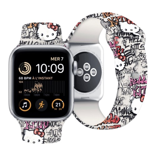 Hello Kitty для Apple Watch 42-41-40 mm ремешок Liquid silicone Graffiti Tags Beige