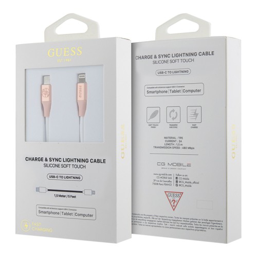 Guess кабель Silicone with Aluminium USB-C to Lightning MFI 1.5m Pink
