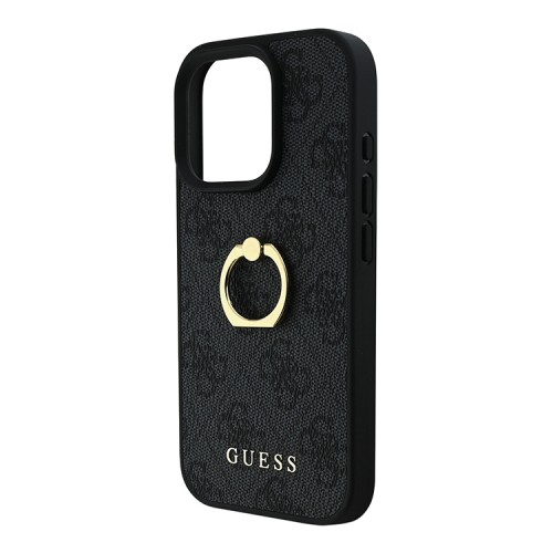 Guess для iPhone 16 Pro Max чехол PU кожа 4G +кольцо держатель, черный