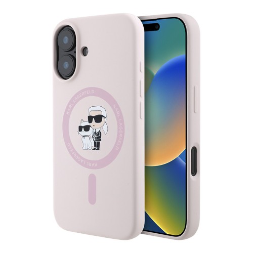 Karl Lagerfeld для iPhone 16 чехол Liquid Silicone NFT Karl & Choupette Hard Pink (MagSafe)