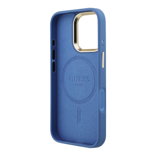 Guess для iPhone 16 Pro Max чехол PU 4G Triangle metal logo and Camera Stand Hard Blue (MagSafe)
