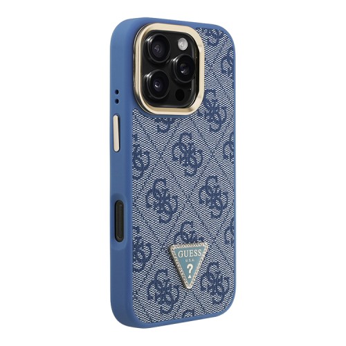 Guess для iPhone 16 Pro Max чехол PU 4G Triangle metal logo and Camera Stand Hard Blue (MagSafe)