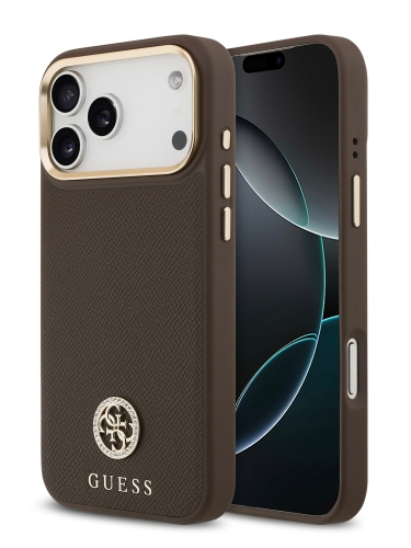 Guess для iPhone 17 Pro чехол PU Grained 4G Diamond metal logo Gold camera Hard Brown (MagSafe)