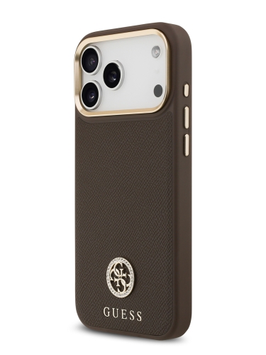 Guess для iPhone 17 Pro чехол PU Grained 4G Diamond metal logo Gold camera Hard Brown (MagSafe)