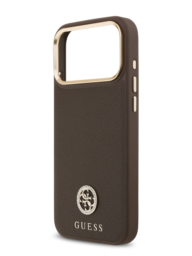 Guess для iPhone 17 Pro чехол PU Grained 4G Diamond metal logo Gold camera Hard Brown (MagSafe)