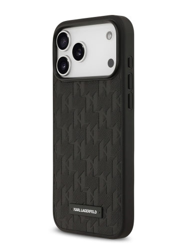 Karl Lagerfeld для iPhone 17 Pro чехол PU Saffiano Monogram Metal Plate logo Hard Black (MagSafe)