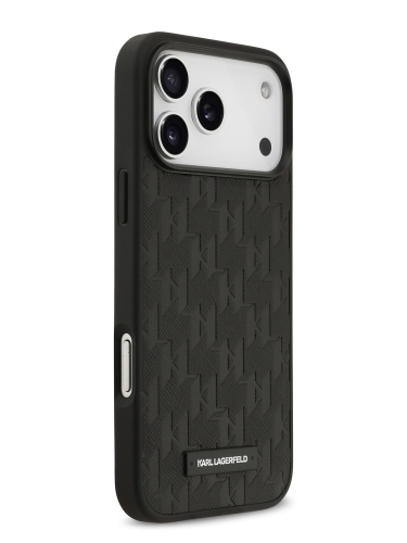 Karl Lagerfeld для iPhone 17 Pro чехол PU Saffiano Monogram Metal Plate logo Hard Black (MagSafe)