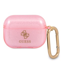 Чехол Guess Transparent Glitter 4G с карабином для Airpods Pro, розовый