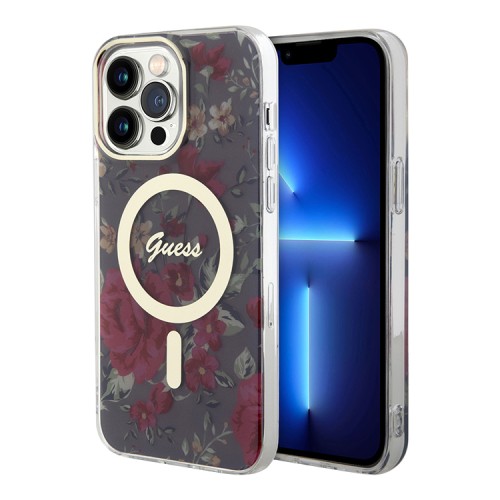 Чехол Guess Flower Hard для iPhone 14 Pro Max, зеленый/золотой (MagSafe)