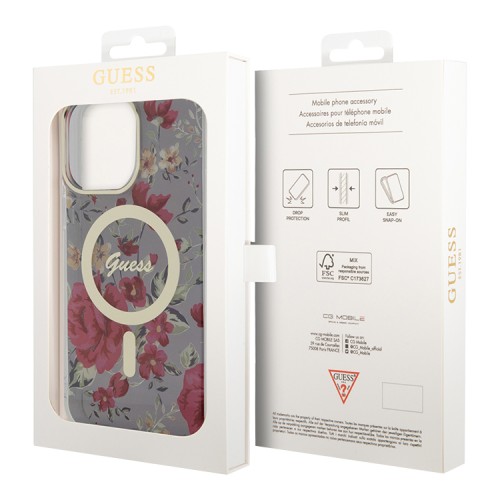 Чехол Guess Flower Hard для iPhone 14 Pro Max, зеленый/золотой (MagSafe)