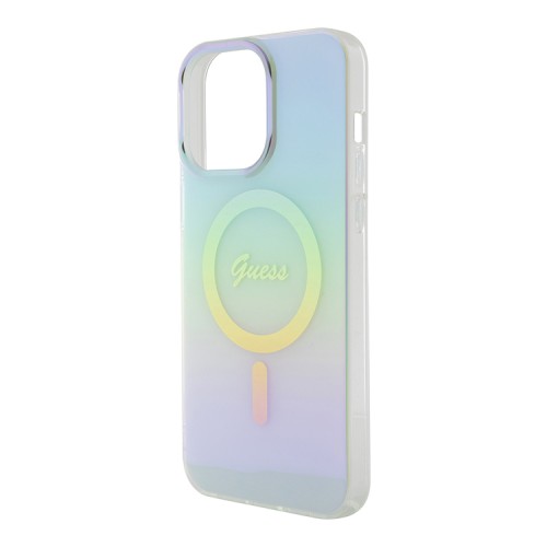 Guess для iPhone 15 Pro чехол PC/TPU Script printed logo Hard Iridescent Turquoise (MagSafe)