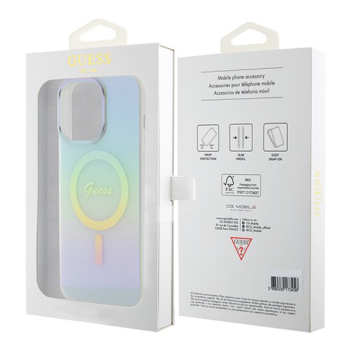 Guess для iPhone 15 Pro чехол PC/TPU Script printed logo Hard Iridescent Turquoise (MagSafe)