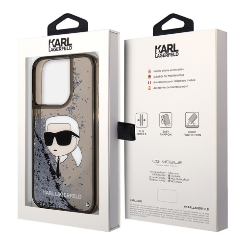 Karl Lagerfeld для iPhone 15 Pro Max чехол Liquid Glitter NFT Karl head Hard Black