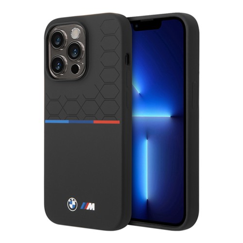 BMW для iPhone 15 Pro Max чехол M-Collection Liquid silicone Seat pattern Tricolor line Hard Black