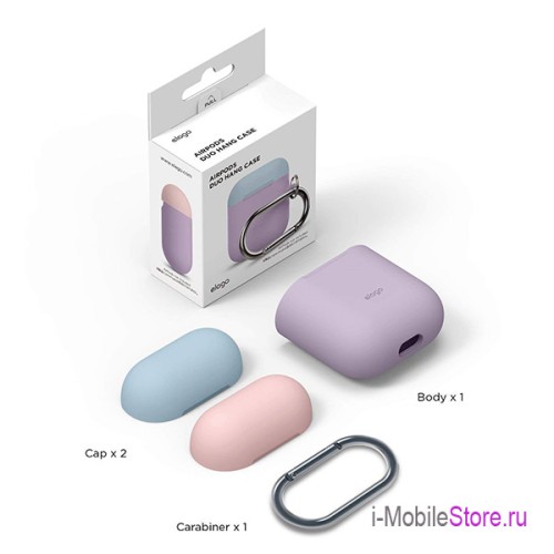Чехол Elago Hang DUO case для AirPods 1/2, фиолетовый с крышками Pink и Pastel Blue