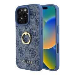 Guess для iPhone 16 Pro Max чехол PU кожа 4G +кольцо держатель, голубой
