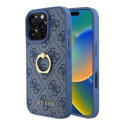 Guess для iPhone 16 Pro Max чехол PU кожа 4G +кольцо держатель, голубой