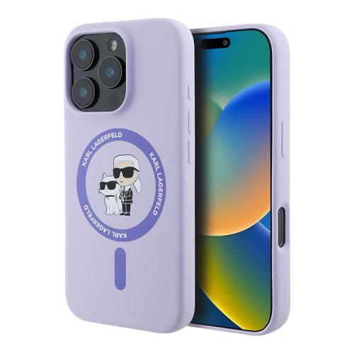 Karl Lagerfeld для iPhone 16 Pro чехол Liquid Silicone NFT Karl&Choupette Purple (MagSafe)