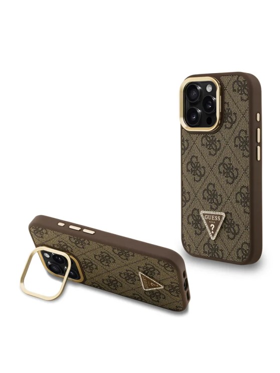 Guess для iPhone 16 Pro Max чехол PU 4G Triangle metal logo and Camera Stand Hard Brown (MagSafe)