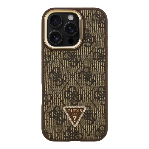 Guess для iPhone 16 Pro Max чехол PU 4G Triangle metal logo and Camera Stand Hard Brown (MagSafe)