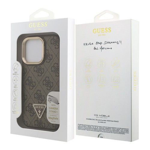 Guess для iPhone 16 Pro Max чехол PU 4G Triangle metal logo and Camera Stand Hard Brown (MagSafe)