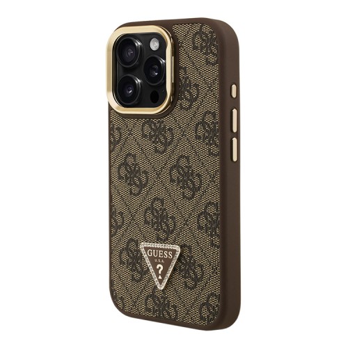Guess для iPhone 16 Pro Max чехол PU 4G Triangle metal logo and Camera Stand Hard Brown (MagSafe)