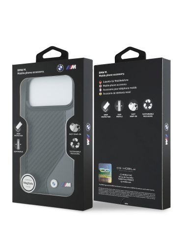 BMW для iPhone 17 Pro чехол M-series PU Carbon/Smooth Metal logo Hard Black/Grey (MagSafe)