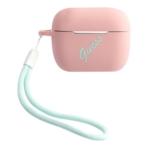 Чехол Guess Silicone case Script logo with cord для Airpods Pro, розовый/зеленый