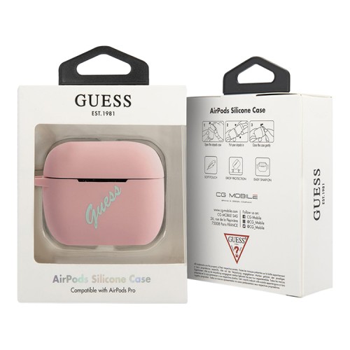 Чехол Guess Silicone case Script logo with cord для Airpods Pro, розовый/зеленый